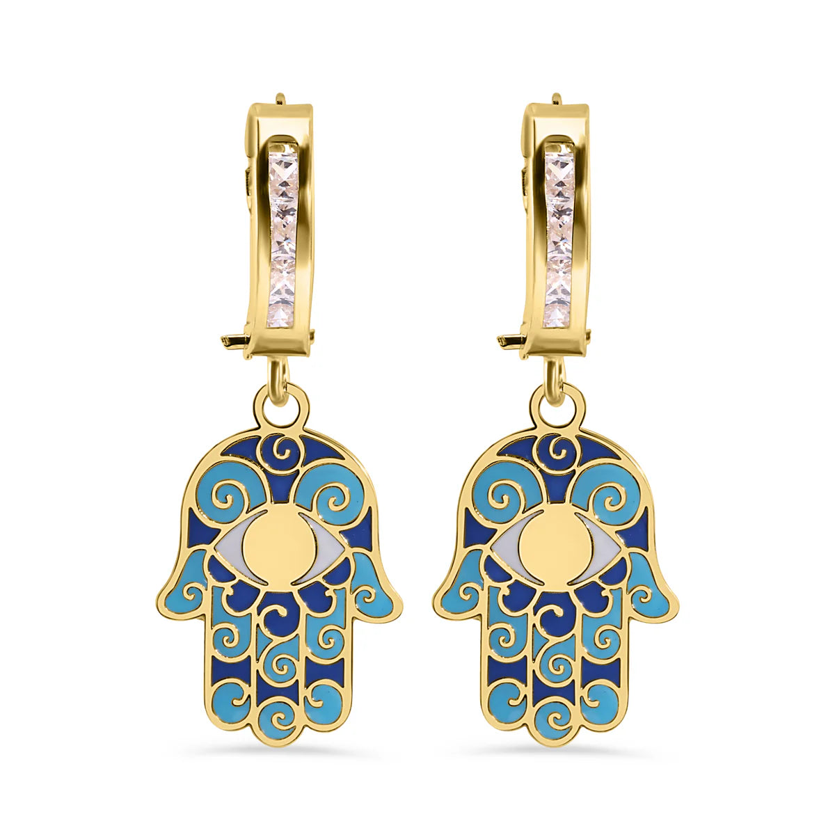 14 Karat Yellow Gold 11.7mm Hoop Studded Clear CZ Enamel Hamsa Latch Box Earrings
