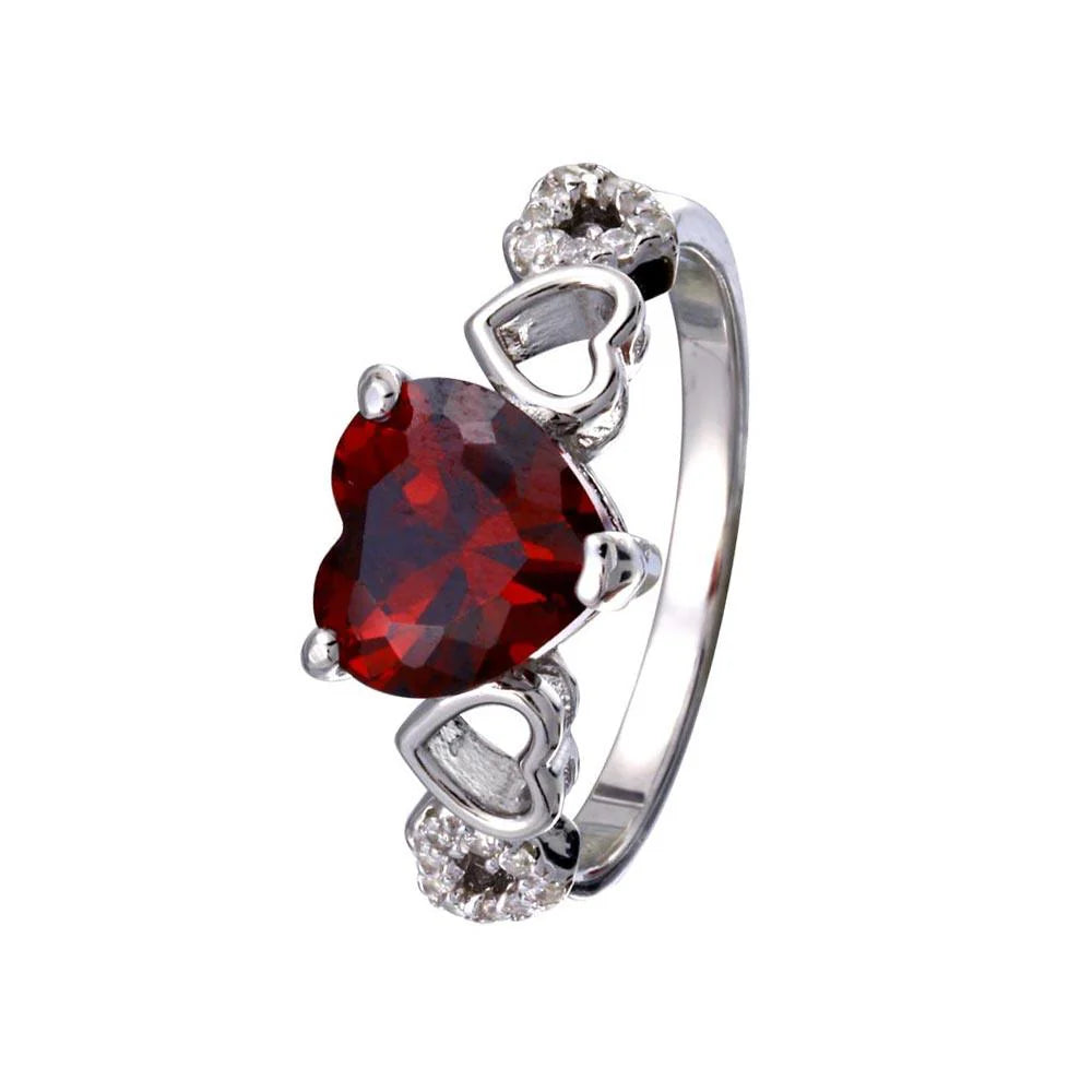 Rhodium Plated 925 Sterling Silver Heart Red and Clear CZ W- Heart Shank Ring