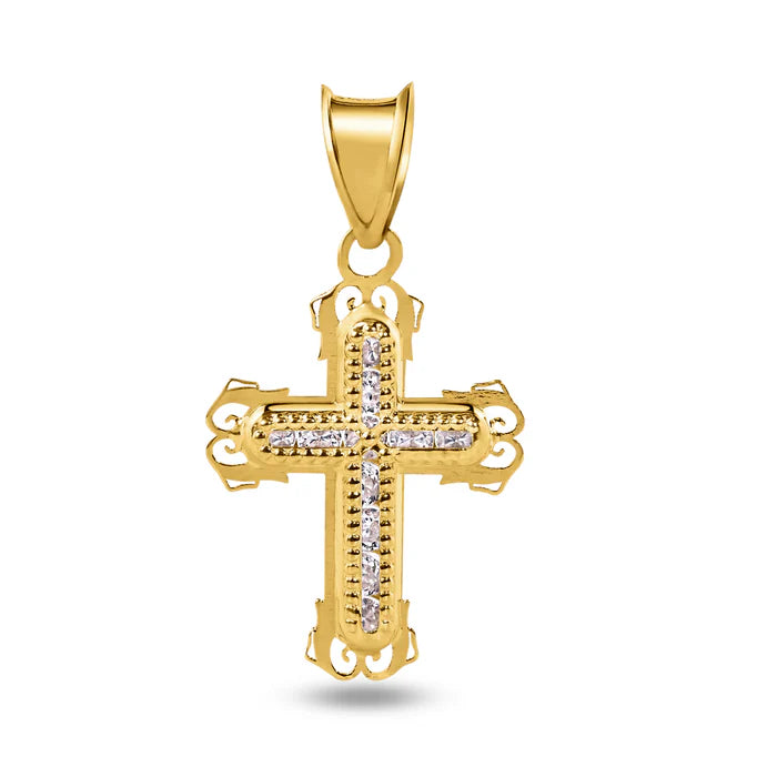 14 Karat Yellow Gold Cross Bordered Cross Clear CZ Pendant