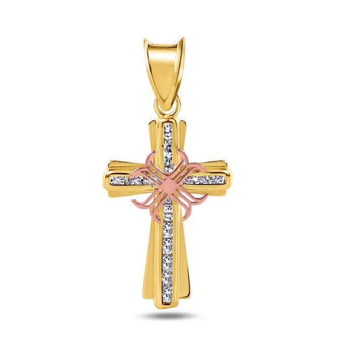 14 Karat Yellow Gold Cross Two Tone Clear CZ Pendant