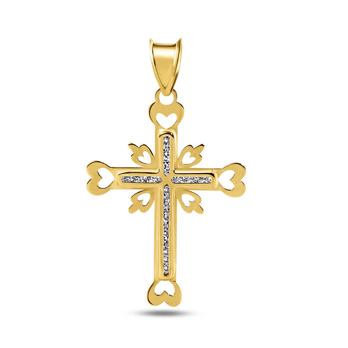 14 Karat Yellow Gold Cross Heart Cutout Clear CZ Pendant