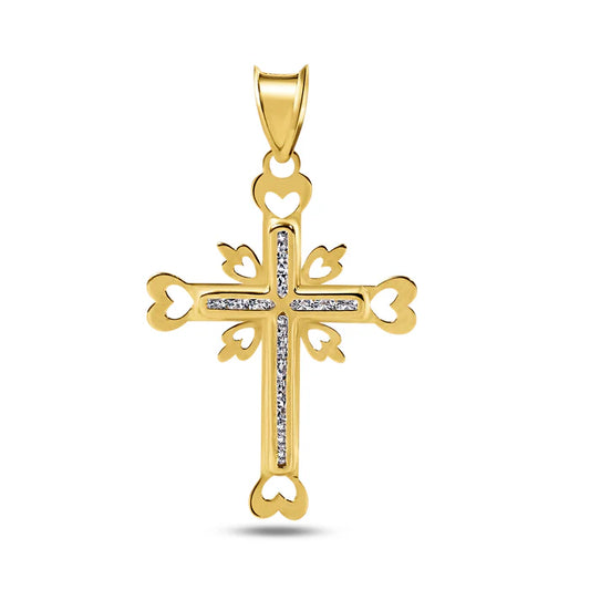 14 Karat Yellow Gold Cross Heart Cutout Clear CZ Pendant