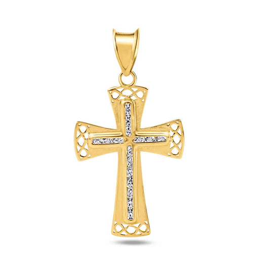 14 Karat Yellow Gold Bordered Cross Clear CZ Pendant