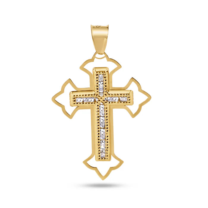 14 Karat Yellow Gold Bordered Cross Baguette Clear CZ Pendant