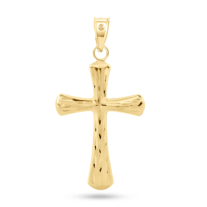 14 Karat Yellow Gold 2 Sided Patterned Hollow Tube Cross Pendant