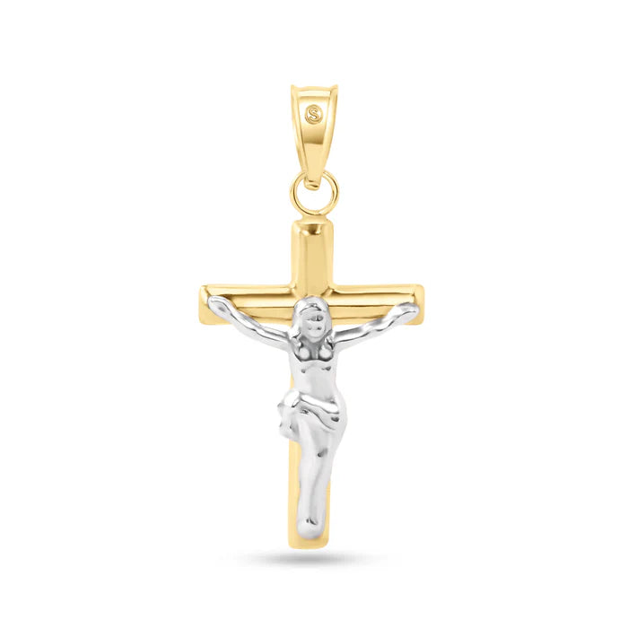 14 Karat Yellow Gold 2 Sided Cross White Gold Jesus Hollow Tube Cross Pendant