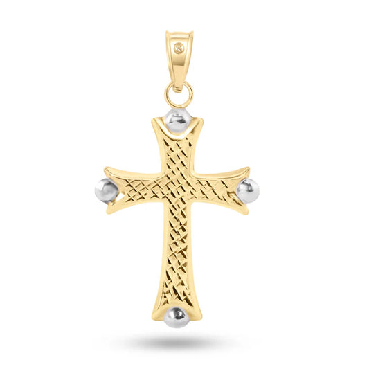 14 Karat Yellow Gold 2 Sided Patterned White Gold Bead Edge Hollow Tube Cross Pendant