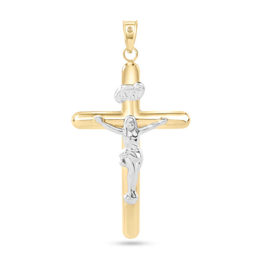 14 Karat Yellow Gold 2 Tone Plain Jesus Hollow Tube Cross Pendant