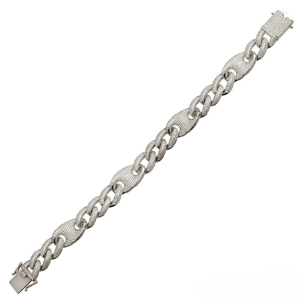 925 Sterling Silver CZ Encrusted Figaro Mariner Bracelet 14.5mm