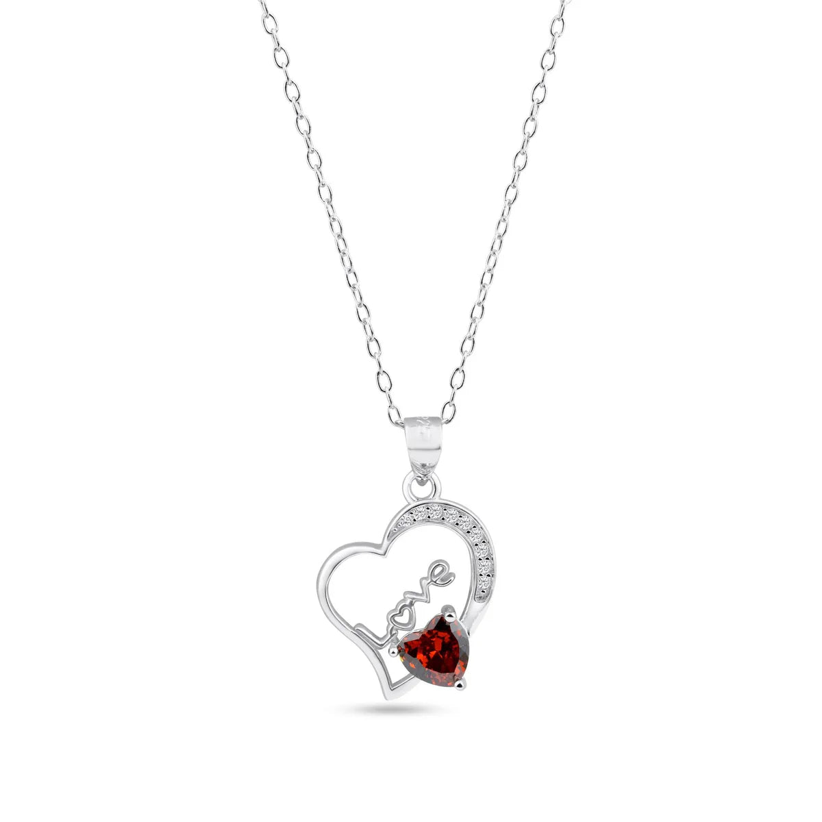 925 Sterling Silver Love Heart Clear and Red CZ Adjustable Necklace