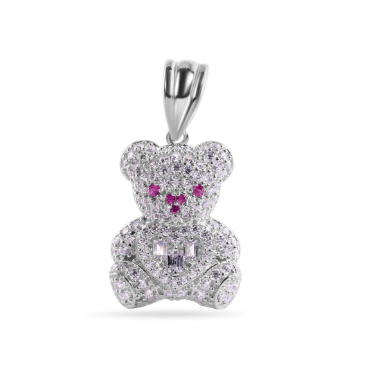 925 Sterling Silver Teddy Bear Clear Baguette Heart Red and Clear CZ Pendant