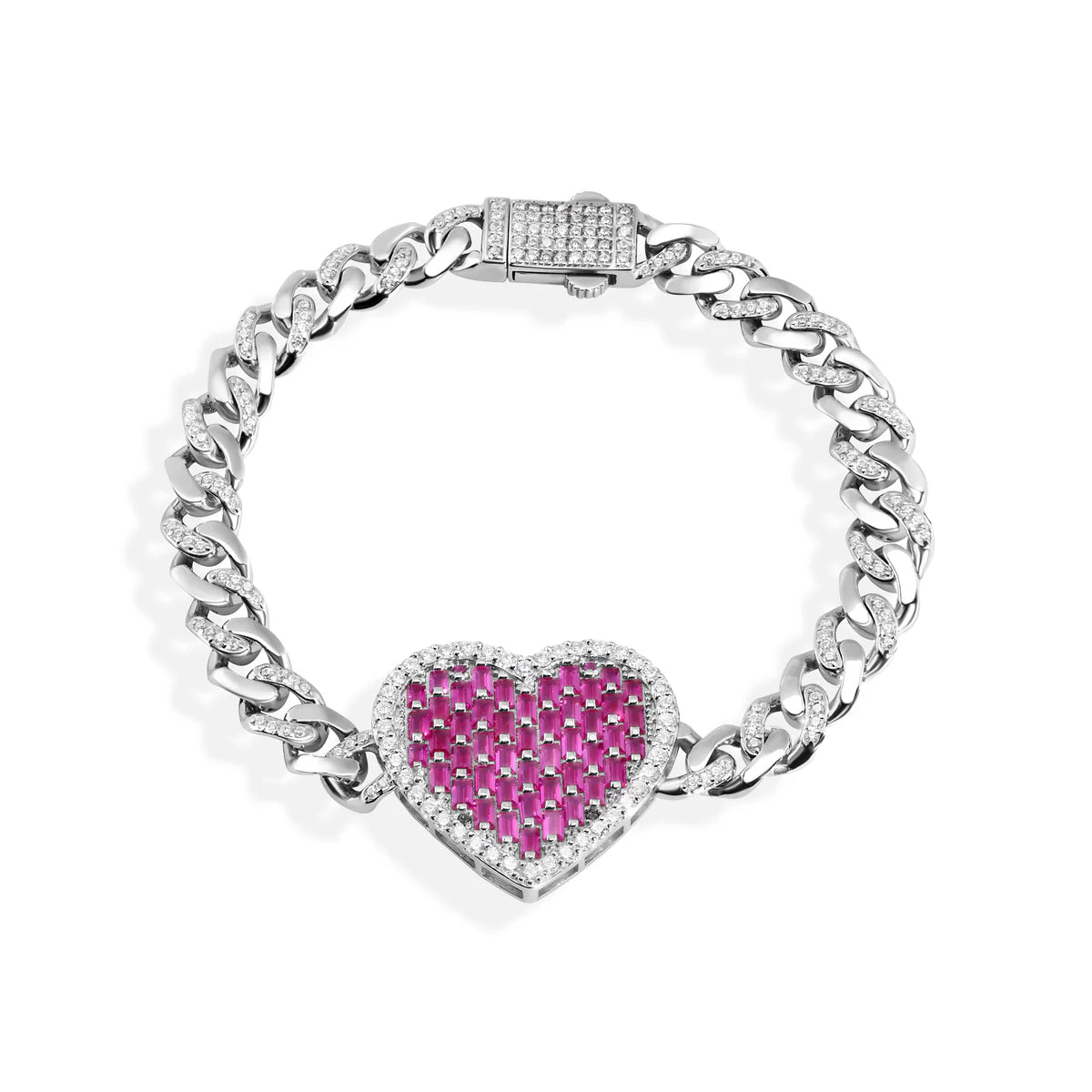 925 Sterling Silver 6.4mm Heart Baguette Pink and Round Clear CZ Studded Bracelet