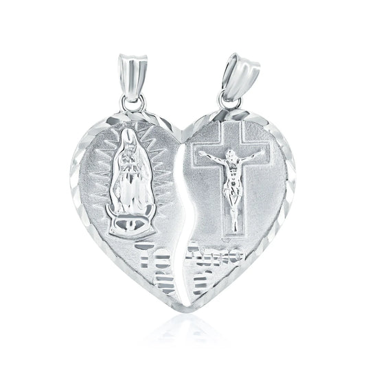 925 Sterling Silver Unbreakable Love 3 Dimensional Guadalupe and Cross Heart Pendant