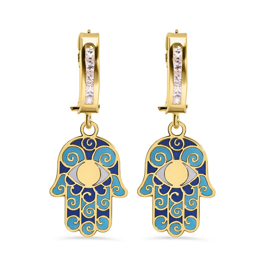 14 Karat Yellow Gold 11.7mm Hoop Studded Clear CZ Enamel Hamsa Latch Box Earrings