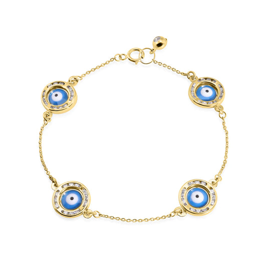 14 Karat Yellow Gold 030 Cable Enamel 4 Evil Eye Charm Clear CZ Bracelet