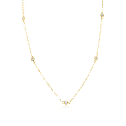 14 Karat Yellow Gold Clear CZ Round Charm Link Necklace