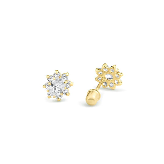 14 Karat Yellow Gold Flower CZ Screw Back Stud Earring