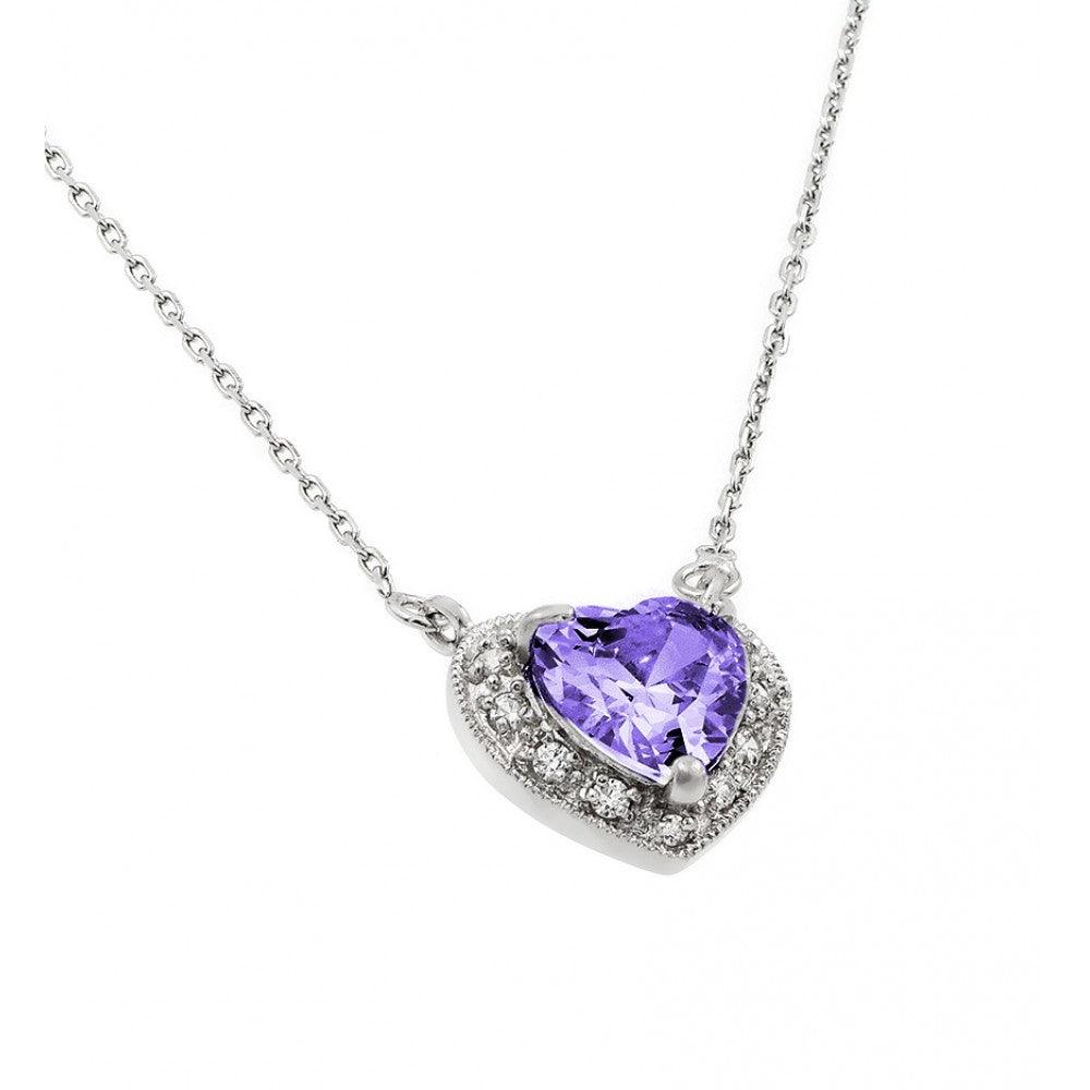 Rhodium Plated 925 Sterling Silver CZ Heart  Birthstone Necklace