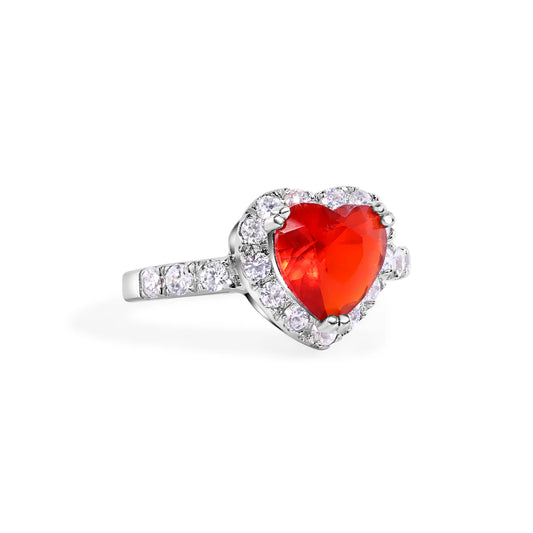 Silver 925 Rhodium Plated Red Cluster CZ Heart Bridal Ring