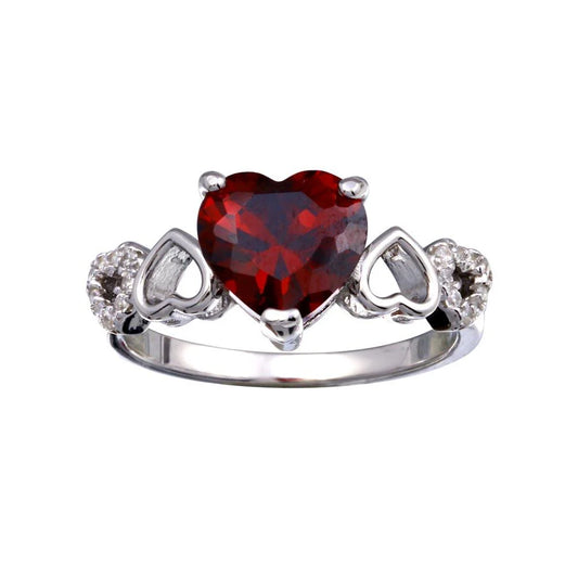 Rhodium Plated 925 Sterling Silver Heart Red and Clear CZ W- Heart Shank Ring