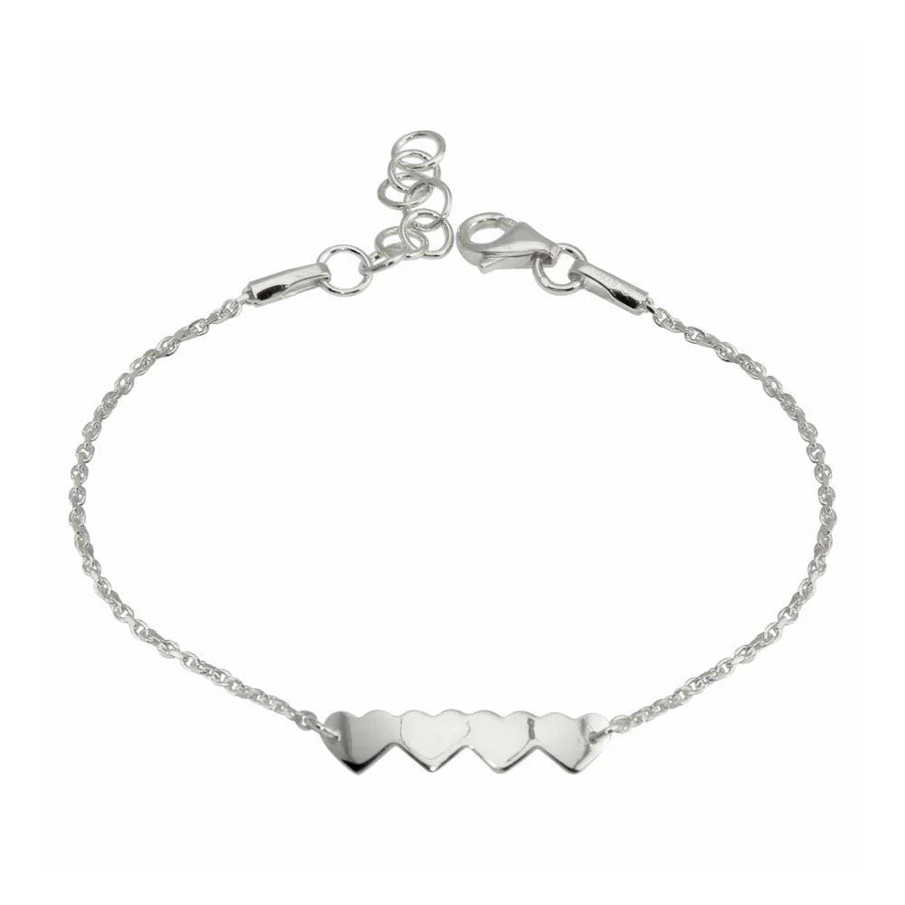 Rhodium Plated 925 Sterling Silver 4 Hearts Chain Bracelet