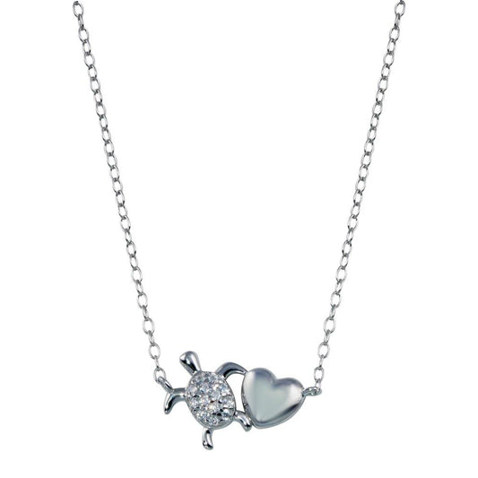 Rhodium Plated 925 Sterling Silver Turtle Heart Necklace