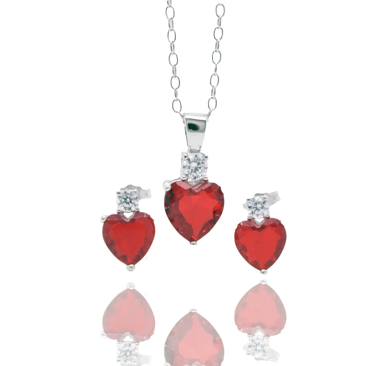 Silver 925 Rhodium Plated Synthetic Ruby Red Heart Clear CZ Stud Earring and Necklace Set