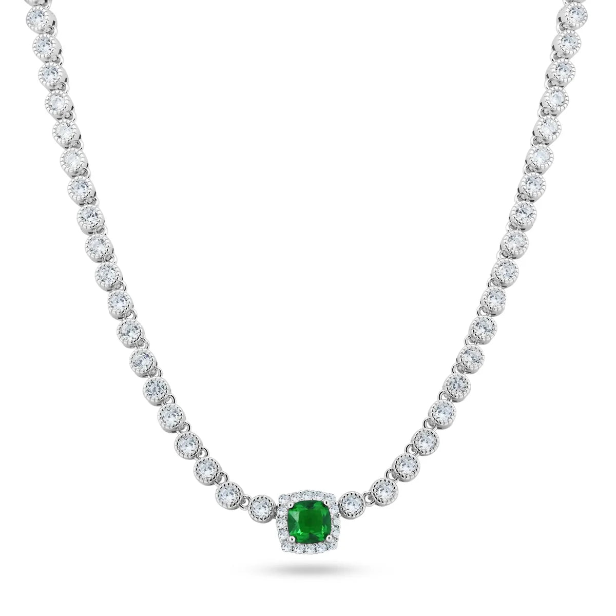 Rhodium Plated 925 Sterling Silver Bubble Tennis CZ Green Center Stone Necklace