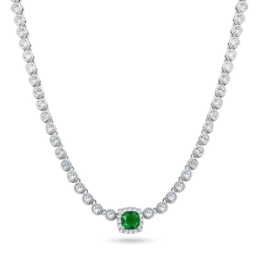 Rhodium Plated 925 Sterling Silver Bubble Tennis CZ Green Center Stone Necklace