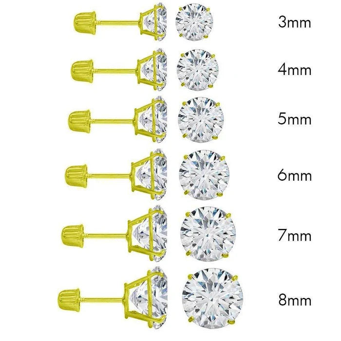 14 Karat Yellow Gold Round Moissanite Stud Screw Back Earring